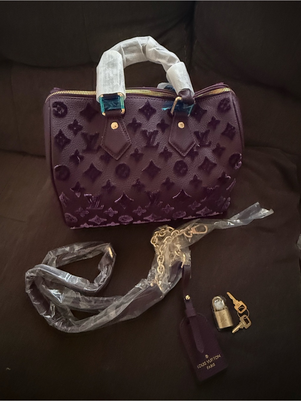 Purple Velvet Tote Bag with Gold-Tone Hardware - Women Bags - Picture 2 of 2